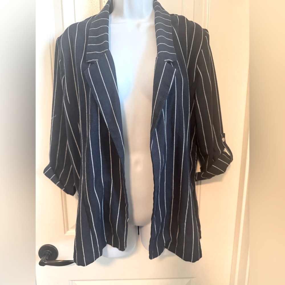 Cotton On Navy Open Blazer w/White Narrow Stripes, Fixed Roll Tab Sleeve, Size 4